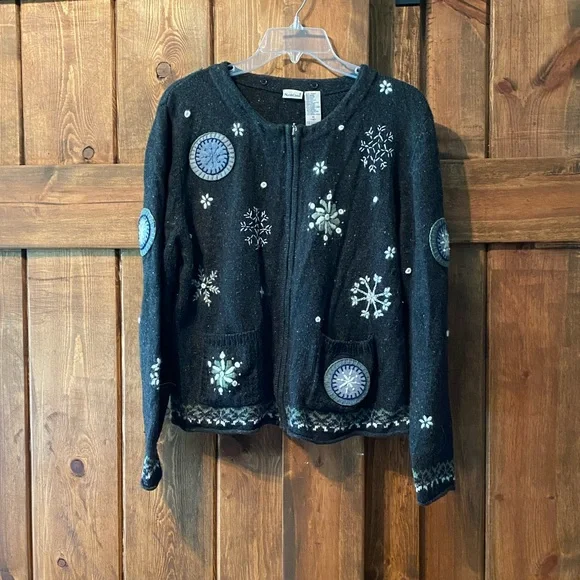 NorthCrest Snowflake Zipper Cardigan Sweater - Picture 1 of 3